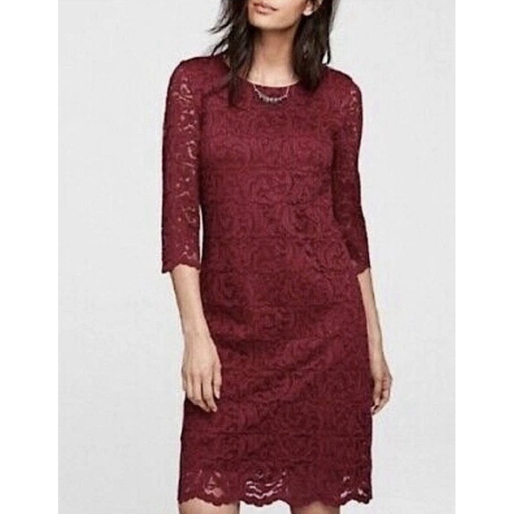 Garnet Hill Women's Burgundy 3/4 Sleeve Scoop Neck Lace Dress Size 4